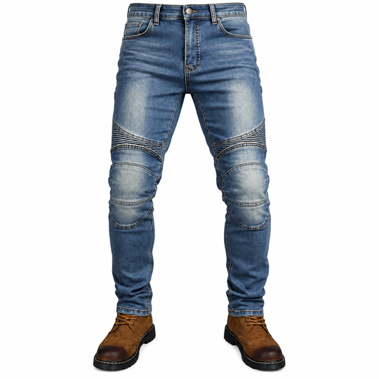Men's blue denim motorcycle protective riding jeans clean product photo