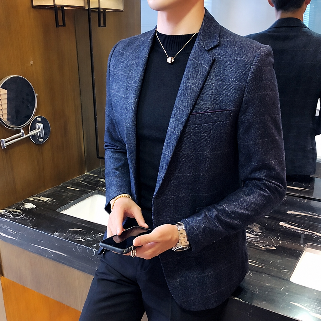 Men's British slim-fit plaid blazer casual suit jacket