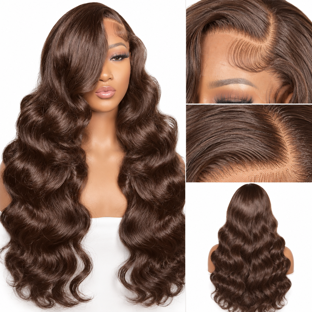 Chocolate brown body wave HD lace front wig hairline close-up