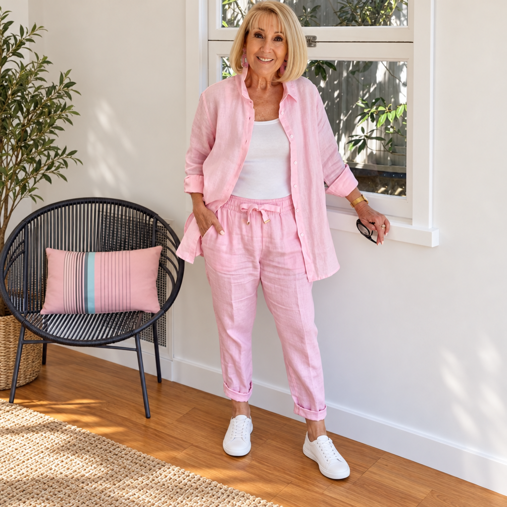 Women's pink cotton linen shirt and pants 2-piece set clean product photo