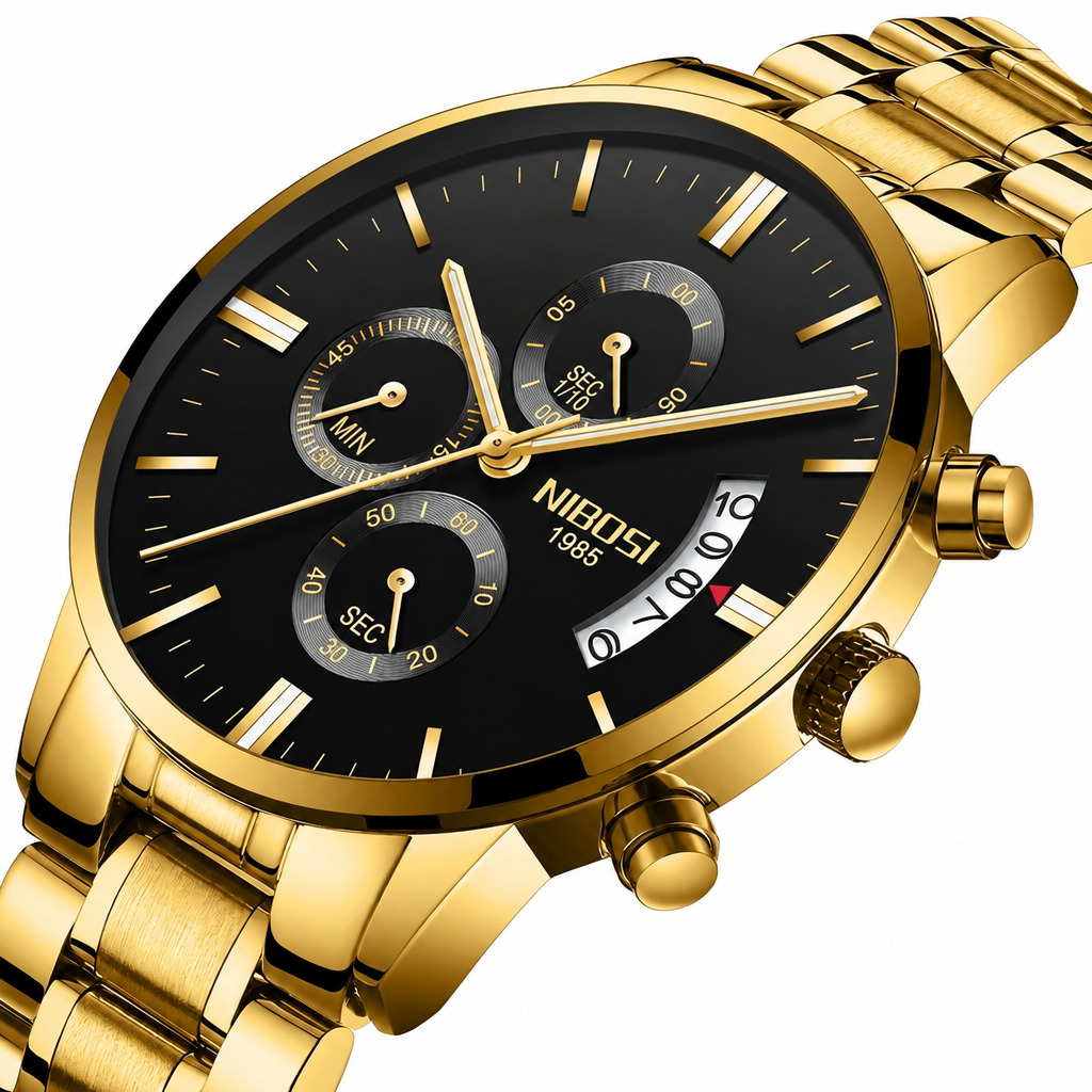Men's gold military quartz chronograph dress watch