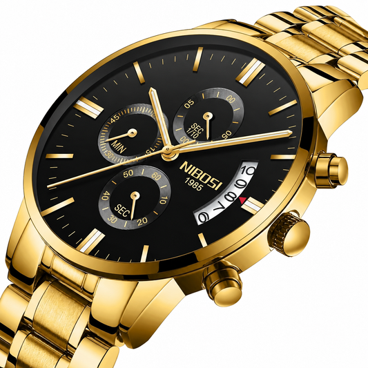 Men's gold military quartz chronograph dress watch