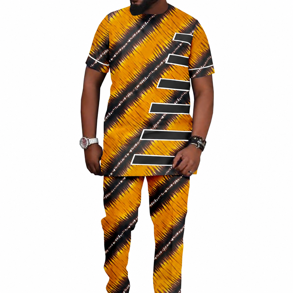 Men's African print shirt and Ankara pants yellow black dashiki set