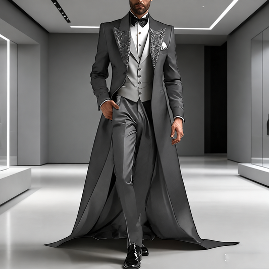 Men's dark gray sparkly sequin lapel prom tuxedo 3-piece with train