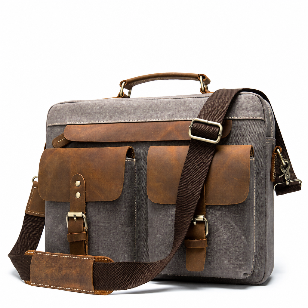 Men's genuine leather business laptop briefcase lawyer office bag gray