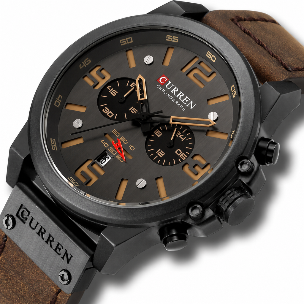 Men's chronograph watch military leather quartz black brown