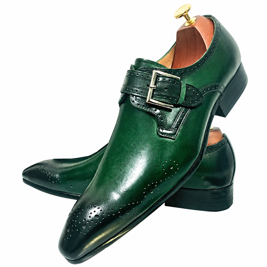 Men's genuine leather monk strap loafers green dress shoes