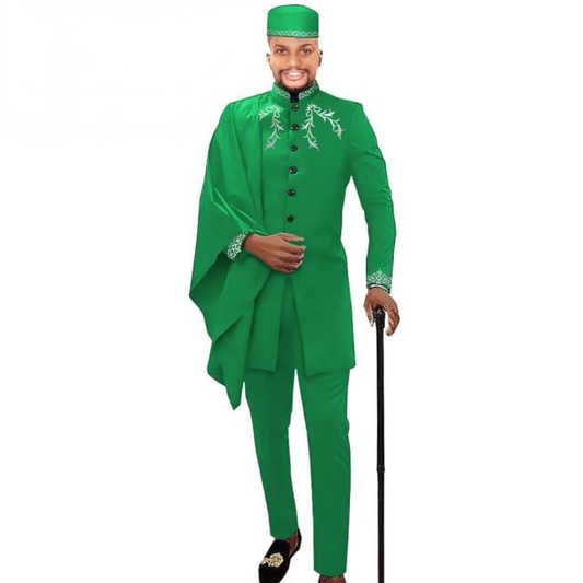 Men's 3-piece green embroidered Ankara dashiki suit with hat clean product photo