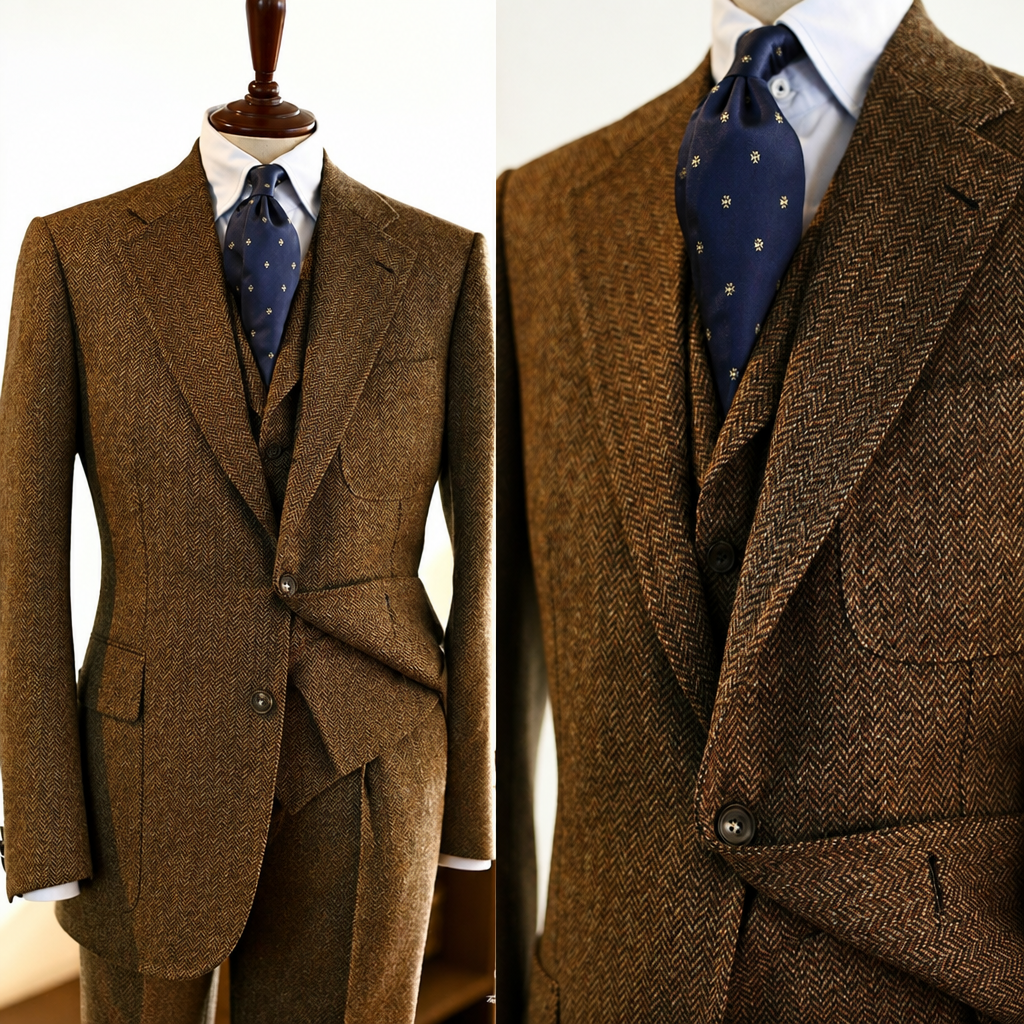 Men's brown herringbone tweed 3-piece tuxedo notch lapel wedding suit