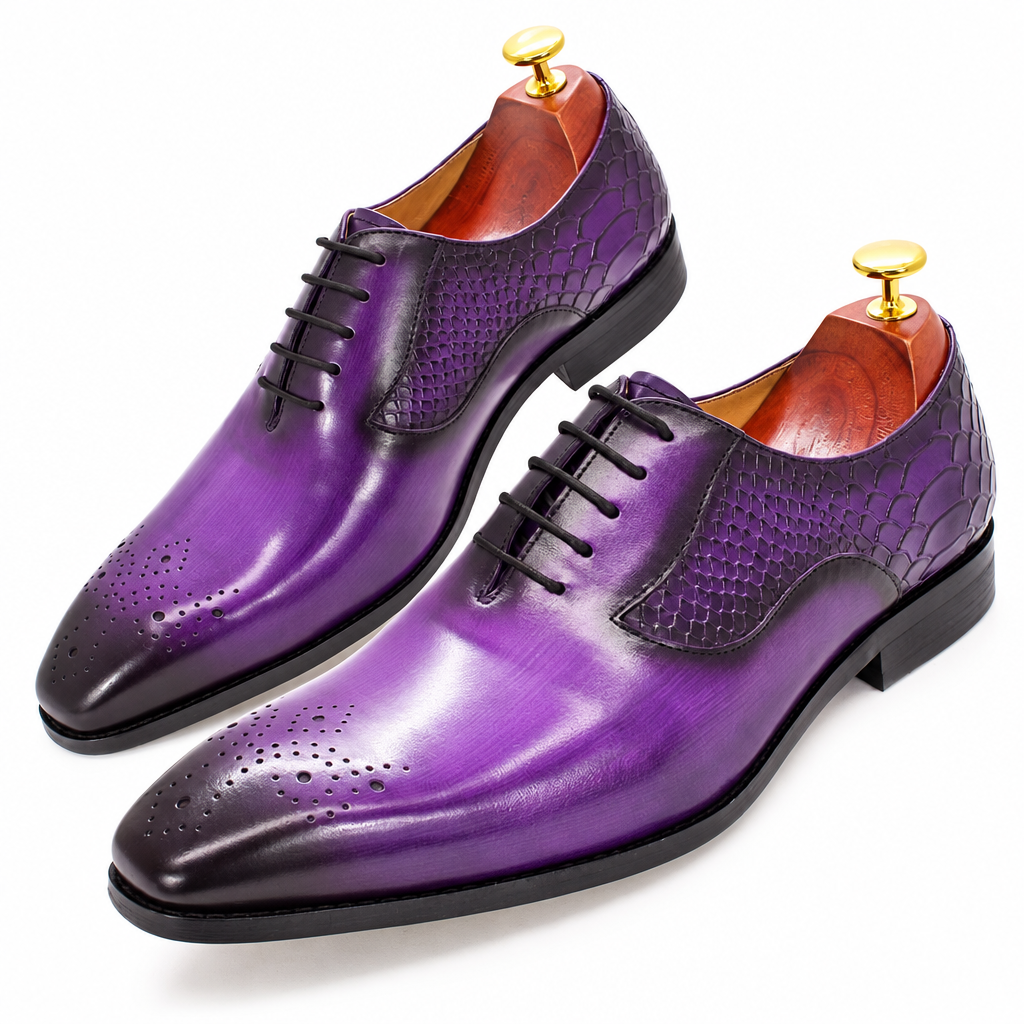 Men's purple black snake print lace-up oxford dress shoes clean product photo