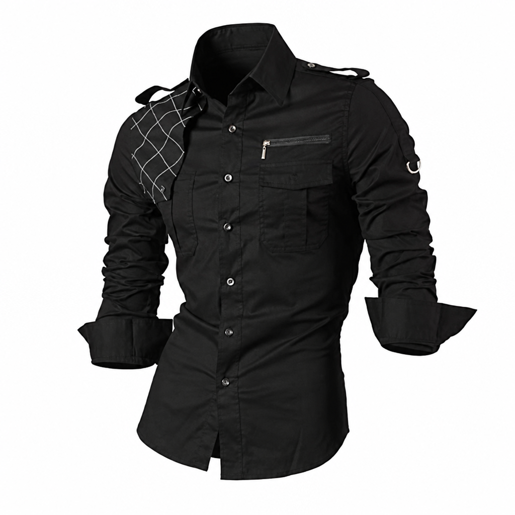 Men's black long sleeve casual dress shirt with epaulets