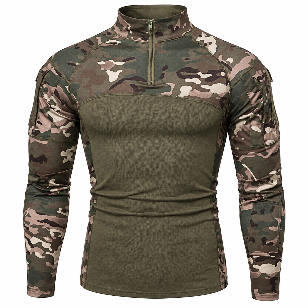 Men's woodland camouflage tactical combat long sleeve shirt clean product photo