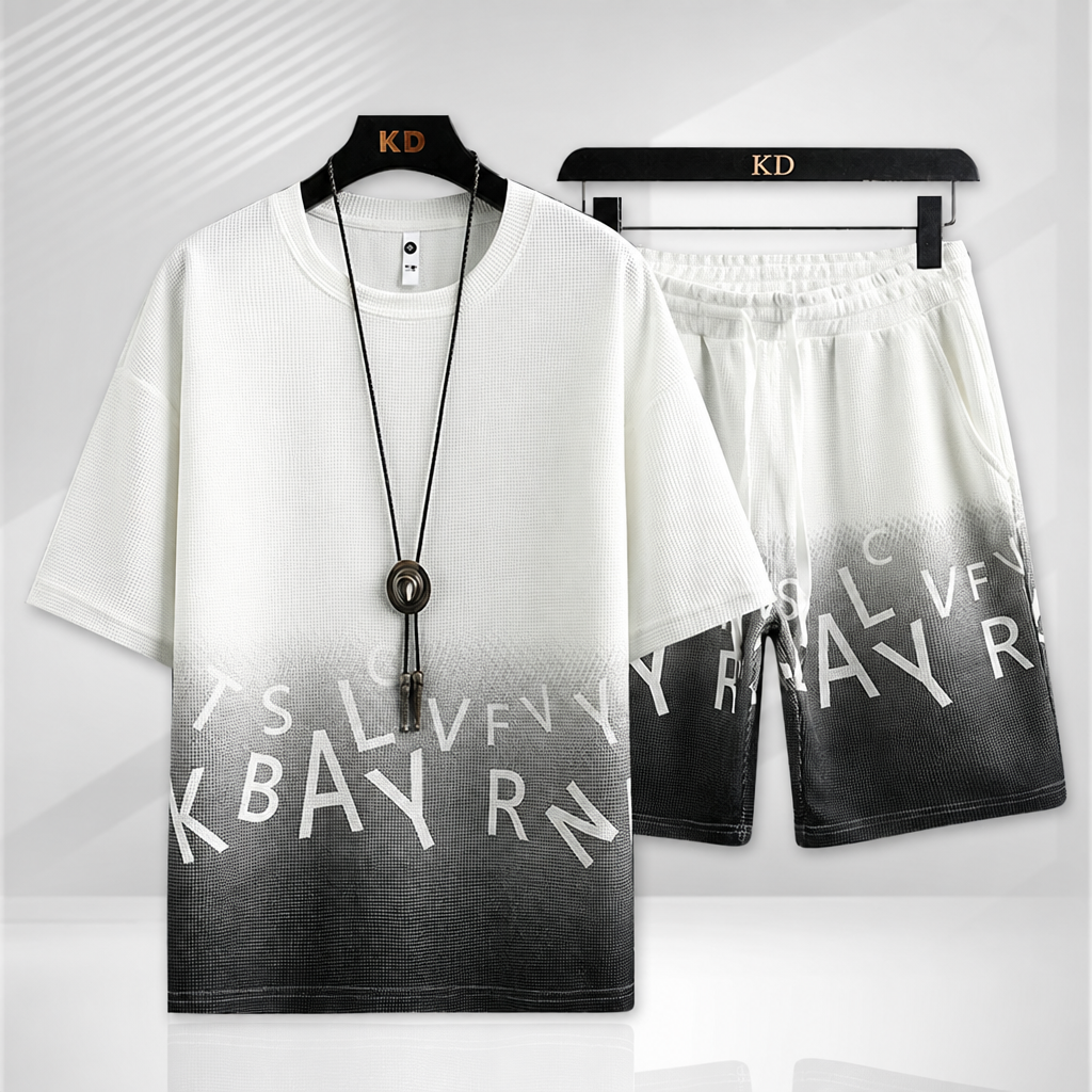 Men's gradient O-neck t-shirt and shorts two-piece sports tracksuit