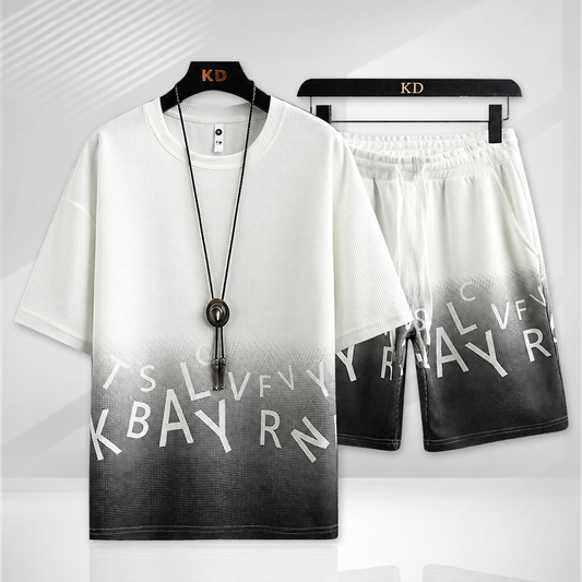 Men's gradient O-neck t-shirt and shorts two-piece sports tracksuit