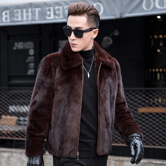 Men's faux mink fur lapel warm coat dark brown
