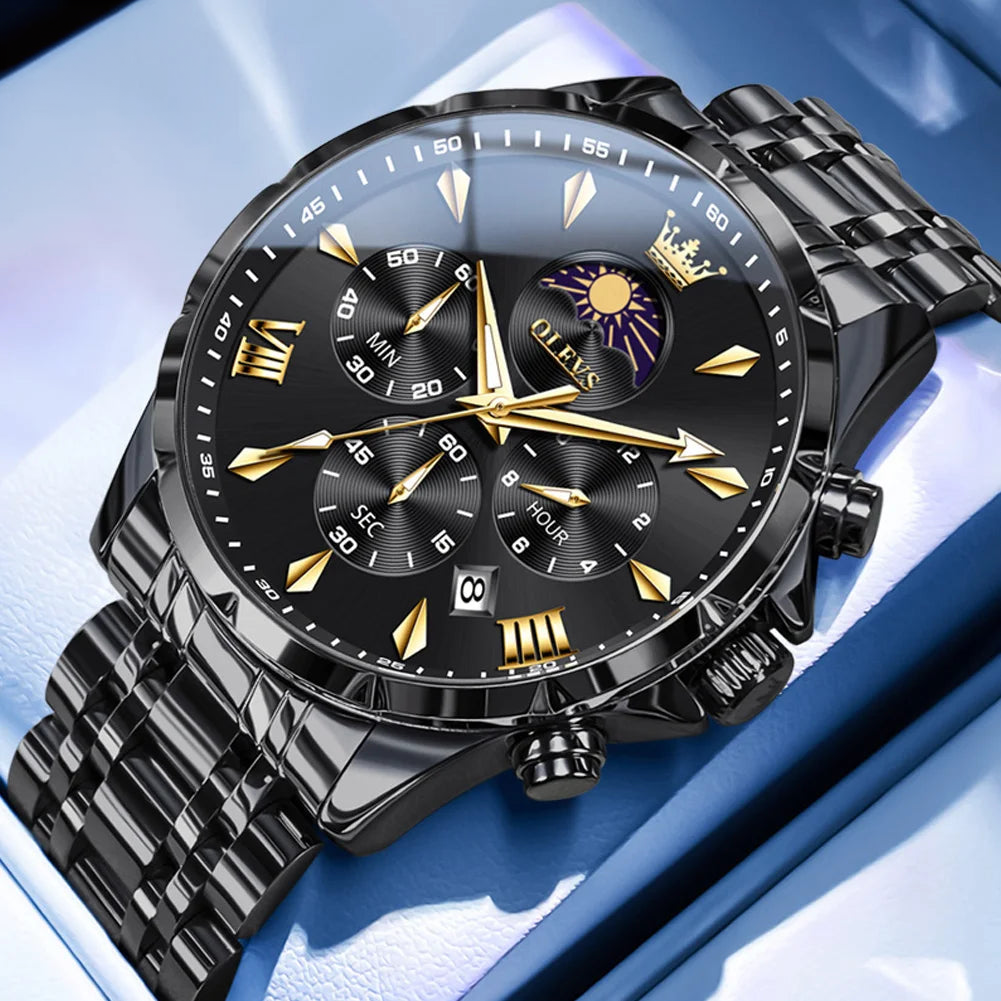 Men's multifunction chronograph moon phase quartz watch black gold clean product photo