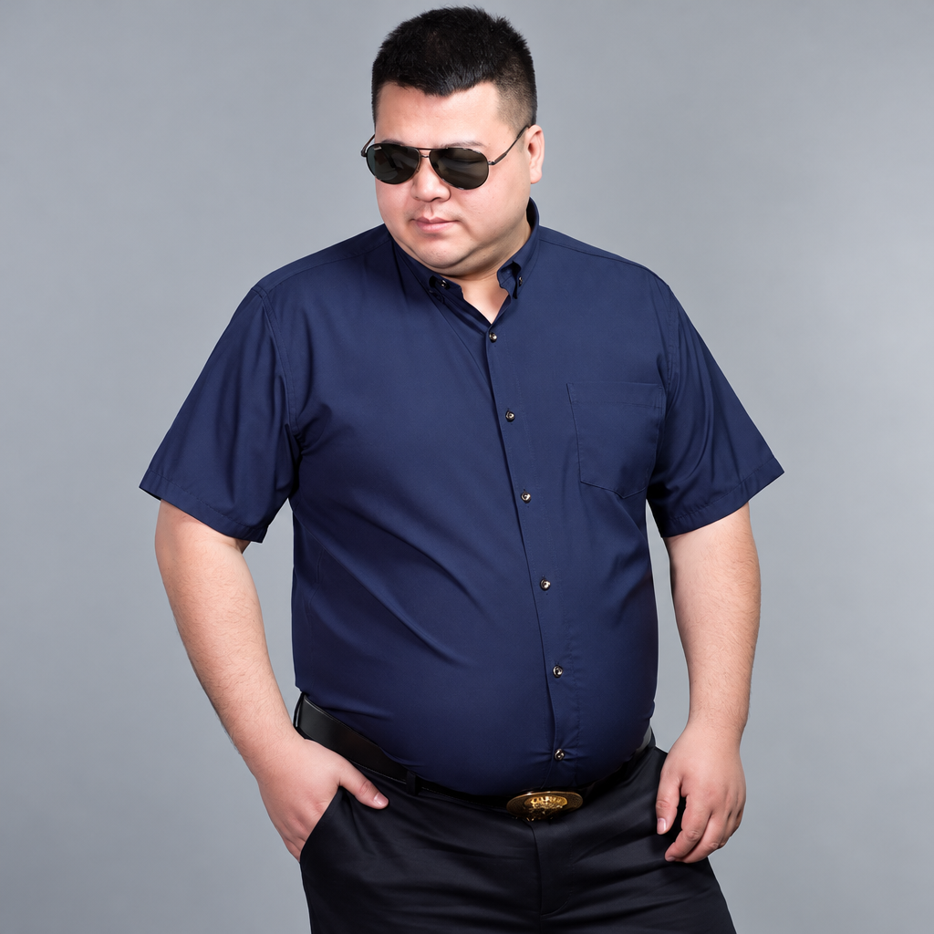 Men's plus size navy short sleeve formal business dress shirt clean product photo