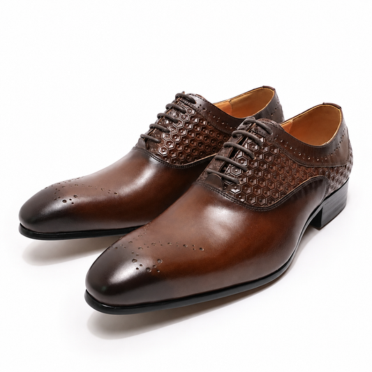 Men's genuine leather pointed oxford brogue office wedding shoes brown