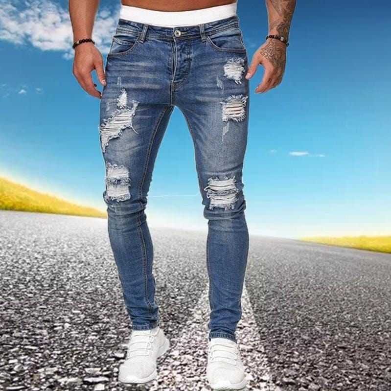 Men's ripped skinny jeans slim fit streetwear denim clean product photo