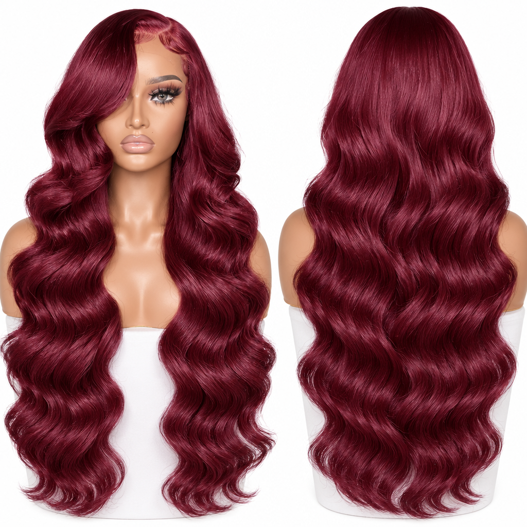 99J burgundy body wave wig back length view