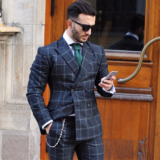 Men's dark plaid double breasted slim fit tuxedo blazer pants set