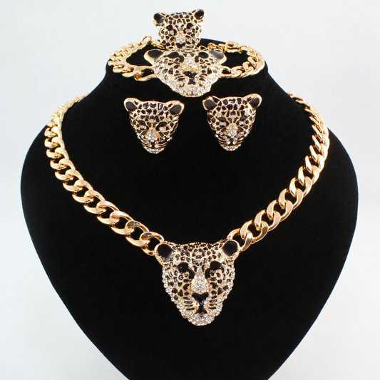 Leopard head crystal enamel necklace jewelry set