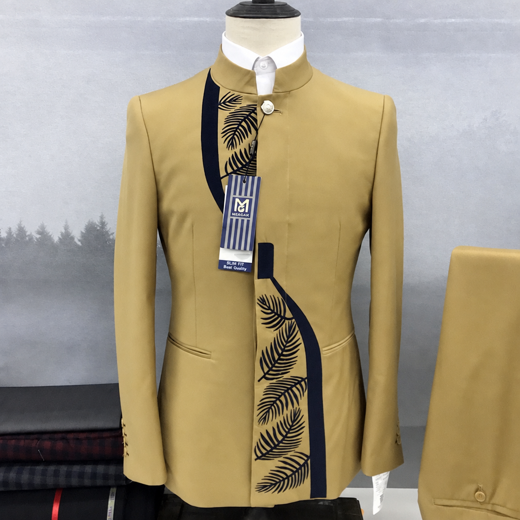 Men's Chinese stand collar tunic blazer and pants two-piece set tan