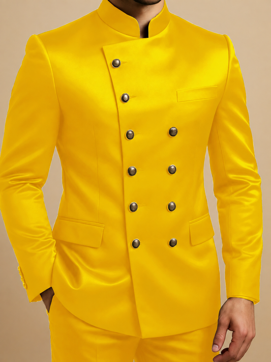 Men's African-style satin double-breasted yellow wedding suit jacket
