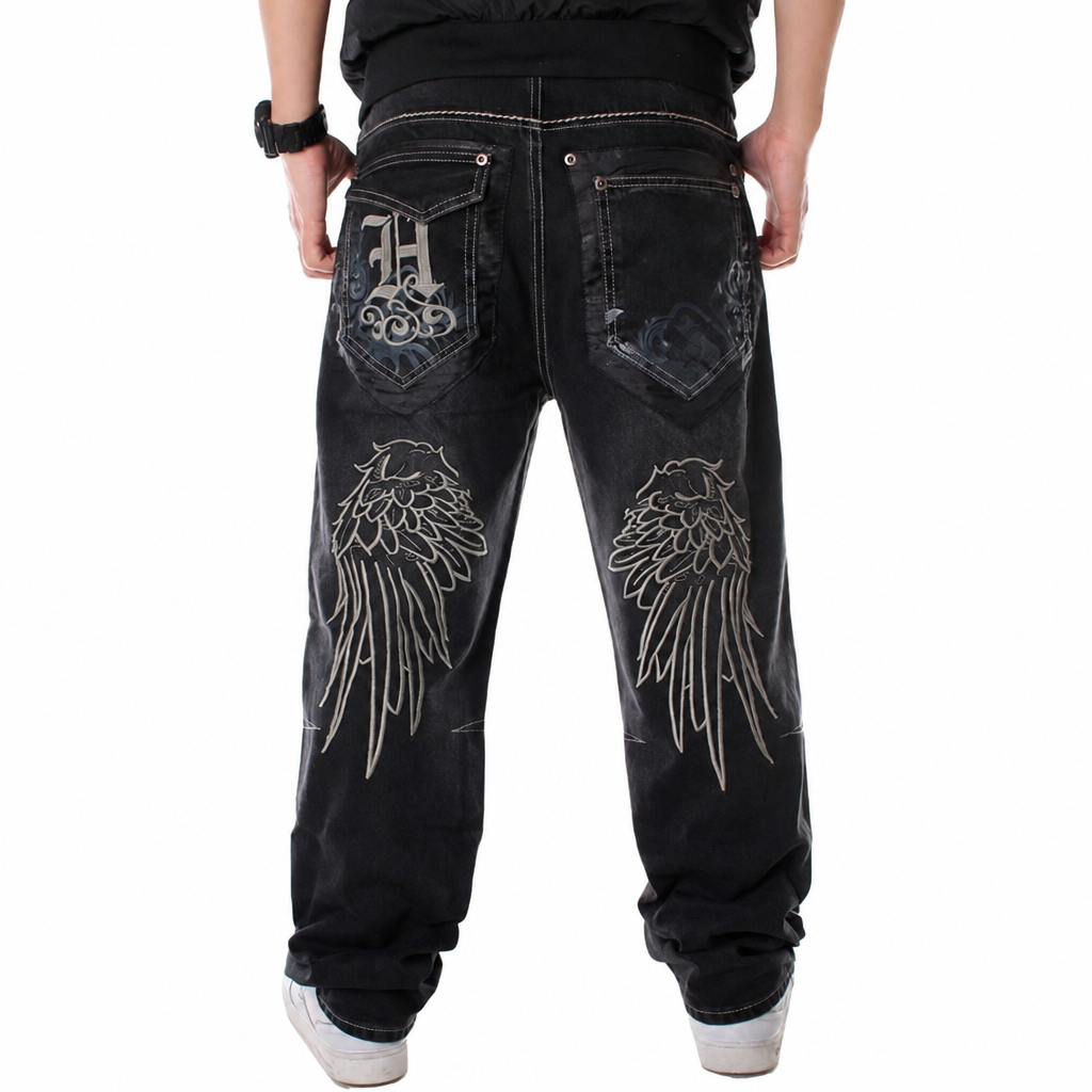 Men's embroidered hip hop jeans loose fit streetwear denim black
