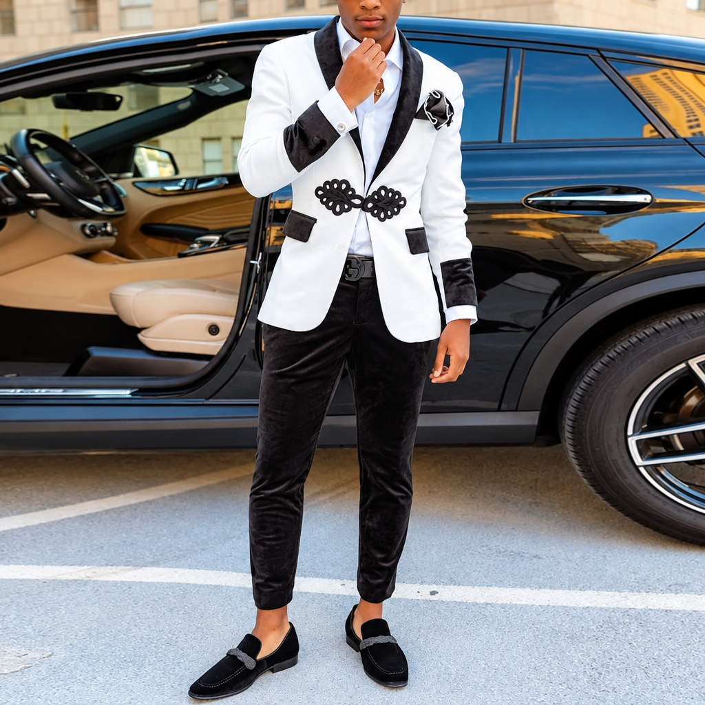 Men's black and white velvet lapel two-piece suit set