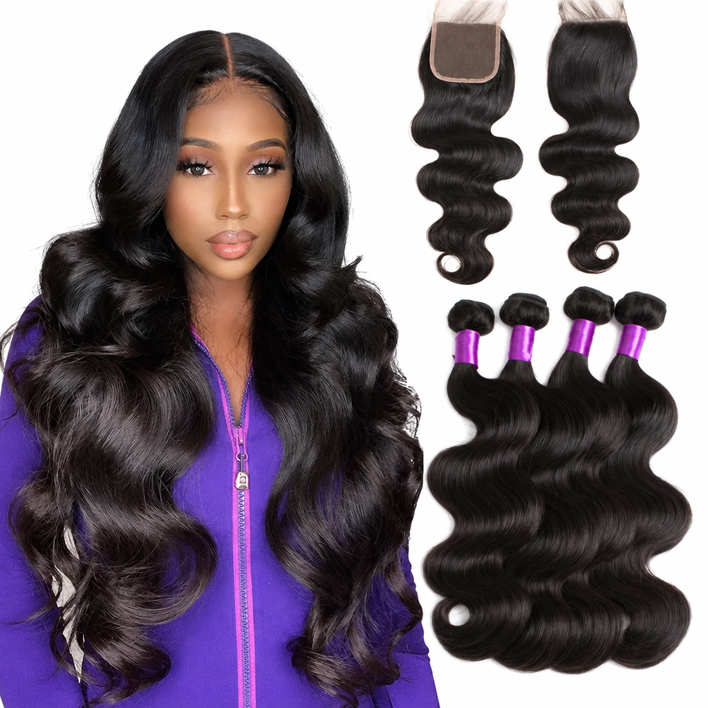 Brazilian body wave human hair bundles with lace closure