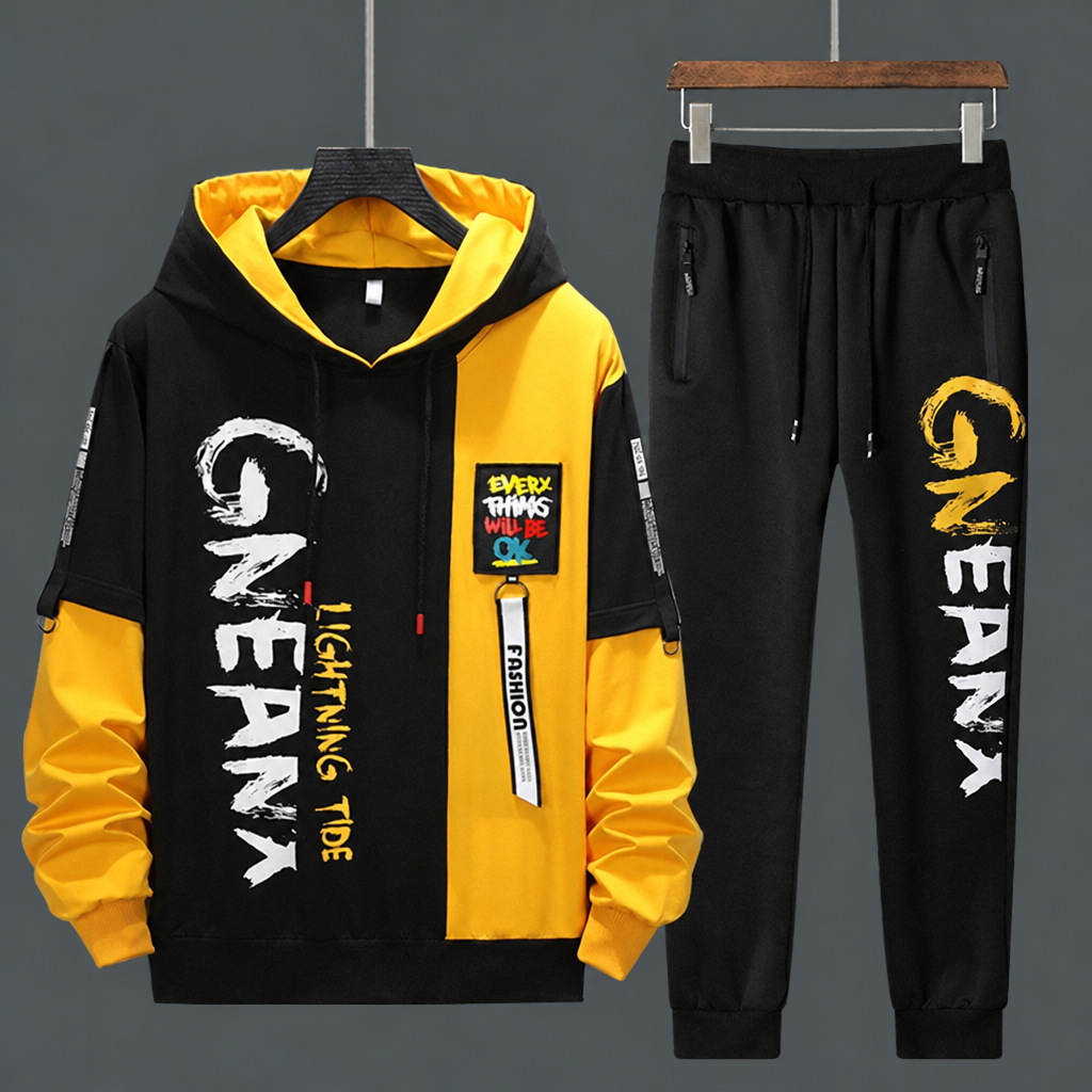 Men's hip hop tracksuit hoodie and sweatpants streetwear set black yellow
