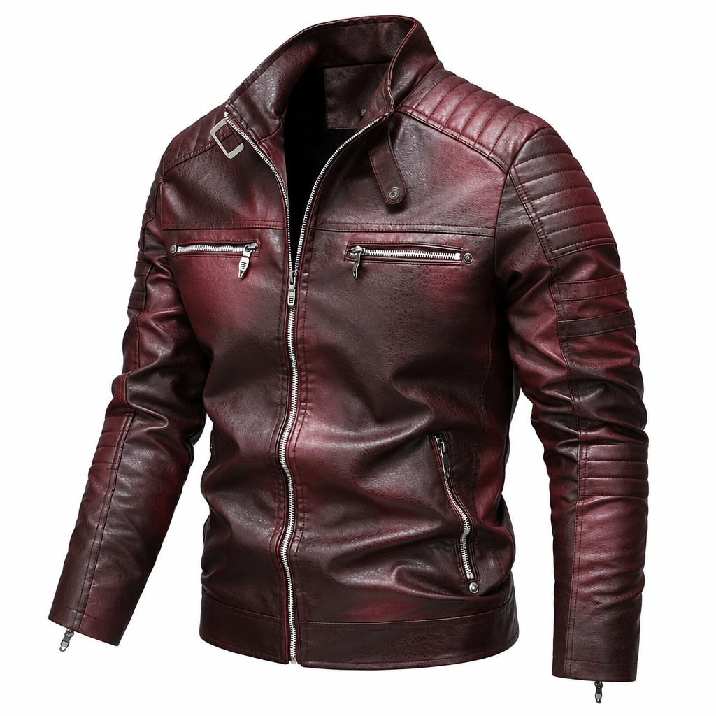 Men's leather motorcycle jacket side view