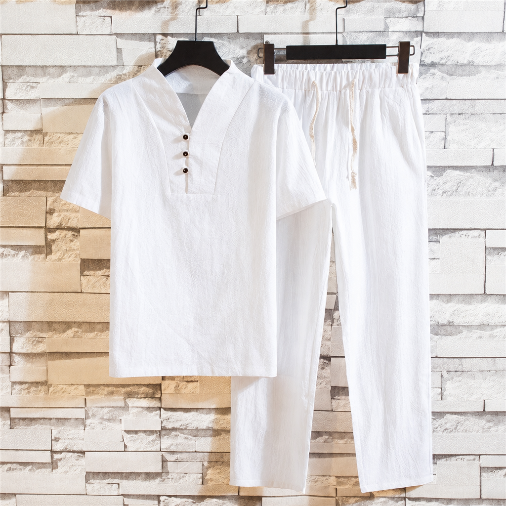 Men's cotton linen short-sleeve shirt and trousers set white