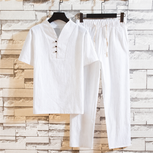 Men's cotton linen short-sleeve shirt and trousers set white