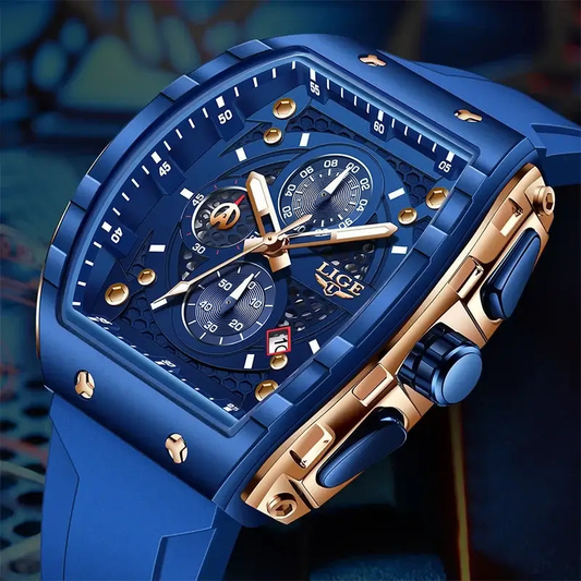 Men's blue rose-gold waterproof quartz dive chronograph watch clean product photo