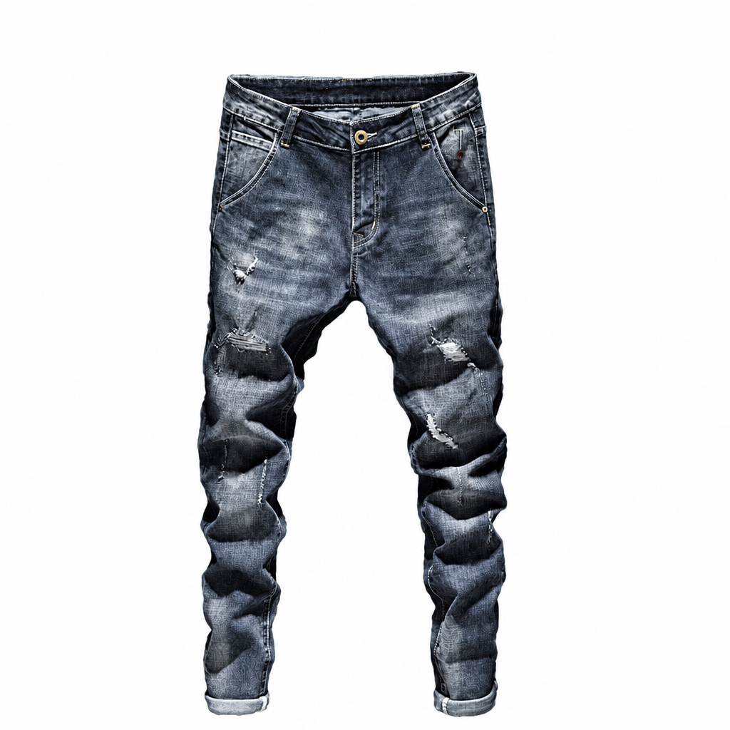 Men's dark blue stretch slim ripped distressed biker jeans