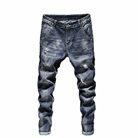 Men's dark blue stretch slim ripped distressed biker jeans