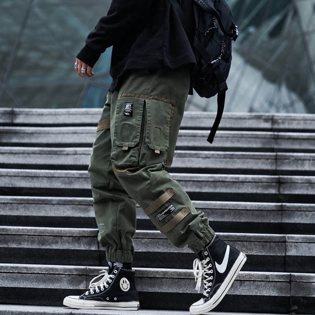 Men's hip hop cotton harem cargo joggers sweatpants olive green