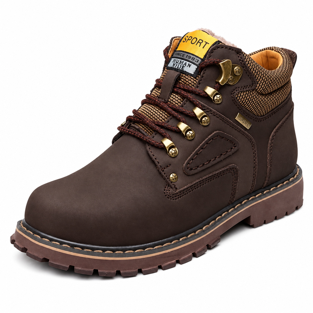 Men's brown waterproof leather winter snow boots clean product photo