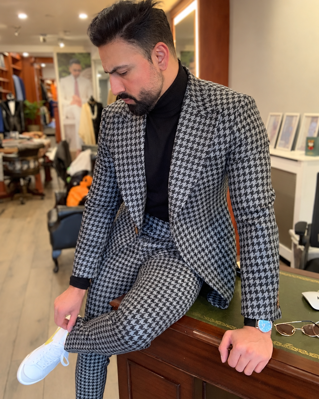 Men's houndstooth slim fit 2-piece blazer and pants suit