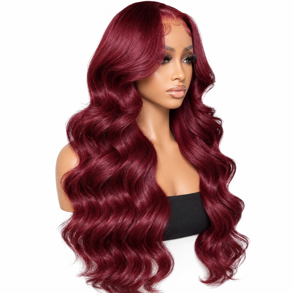 99J burgundy body wave HD lace frontal wig side view