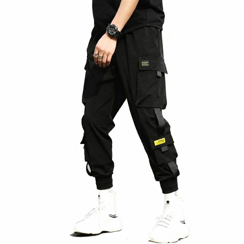 Men's black elastic-waist hip-hop harem jogger pants