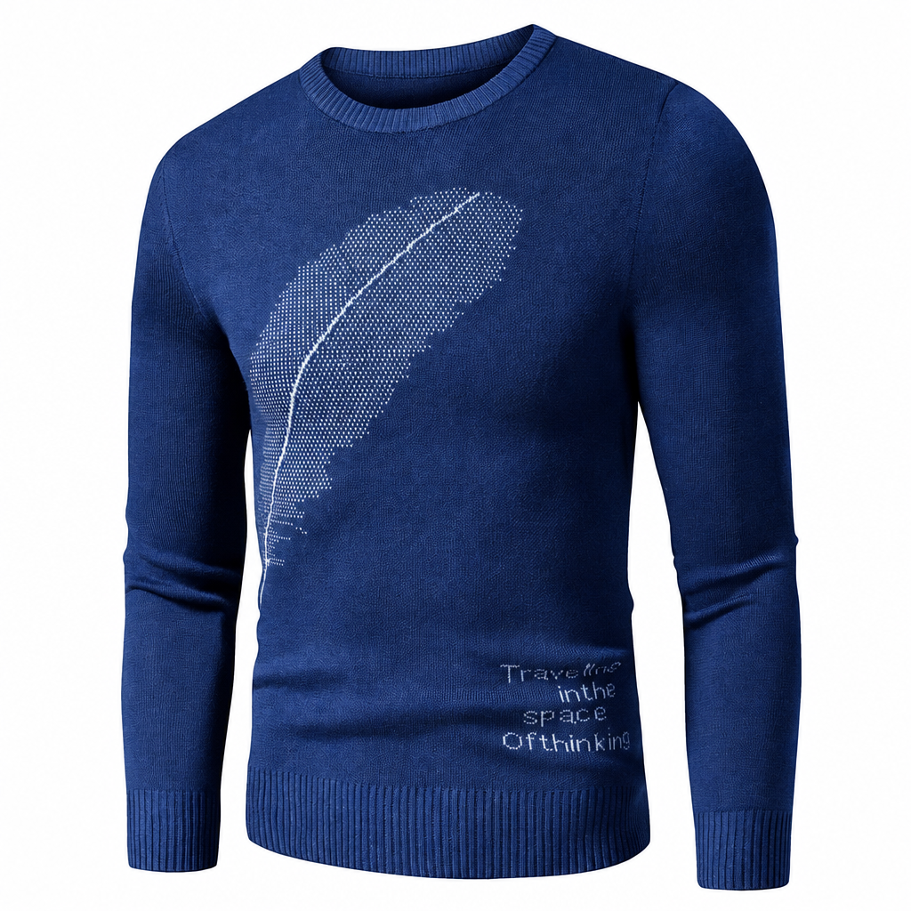 Men's classic embroidery fleece pullover sweater blue feather