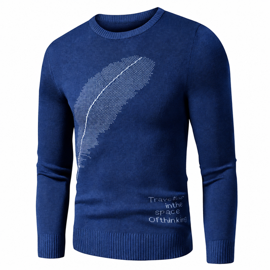 Men's classic embroidery fleece pullover sweater blue feather