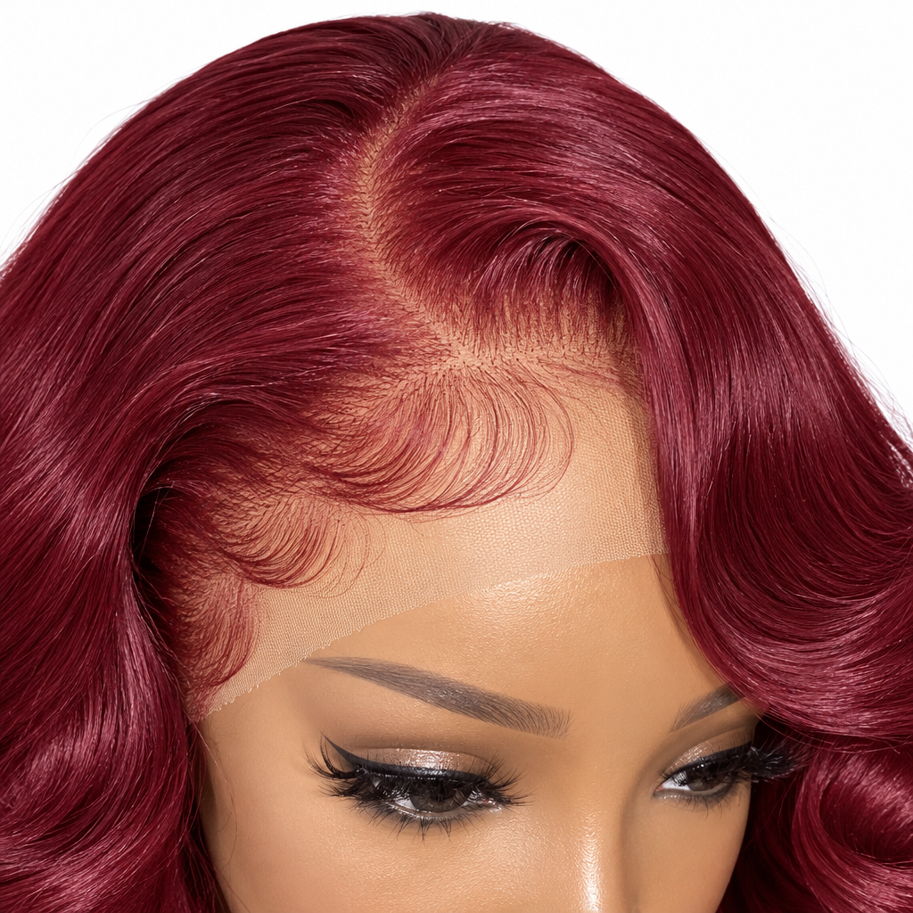 99J burgundy body wave lace hairline close-up