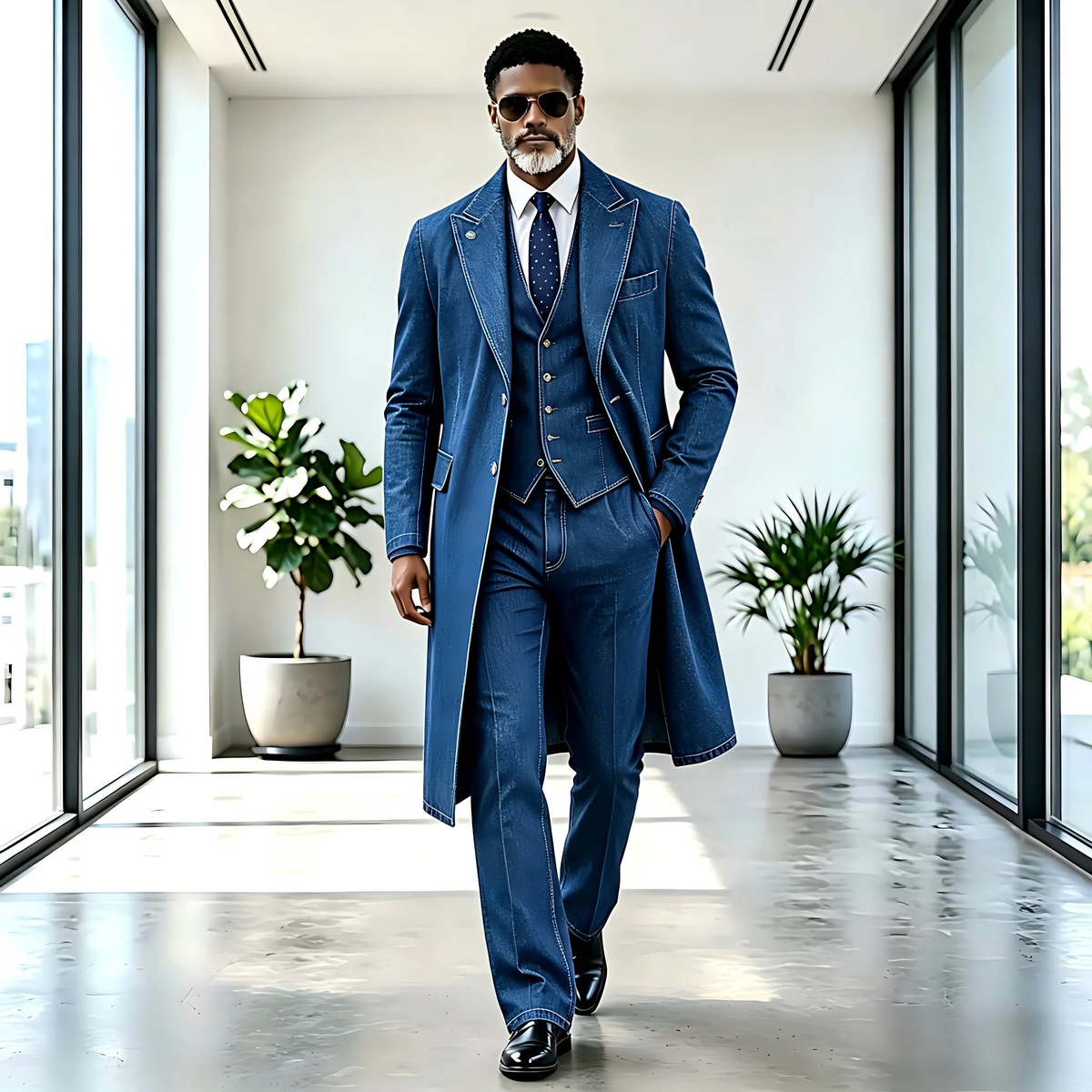 Men denim business 3-piece tuxedo long jacket suit clean product photo