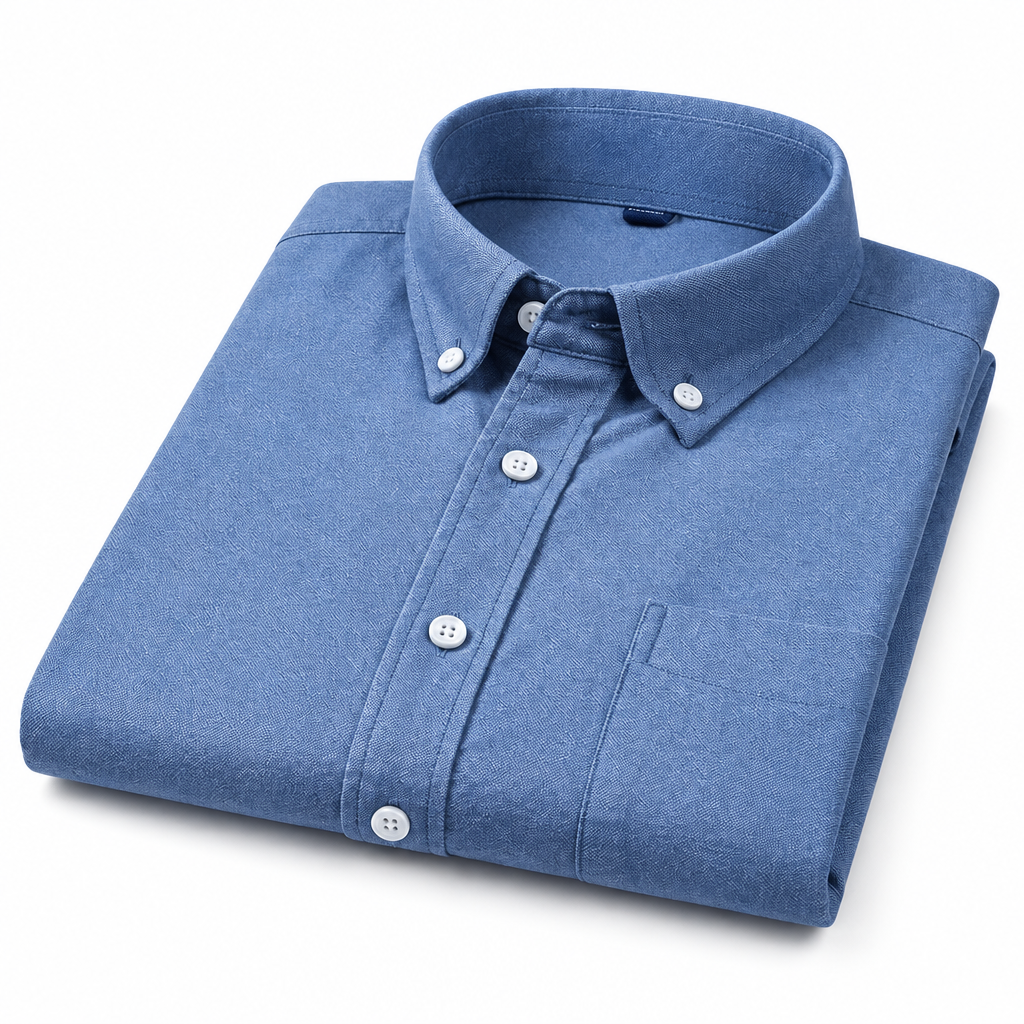 Men's blue cotton oxford long-sleeve shirt clean product photo