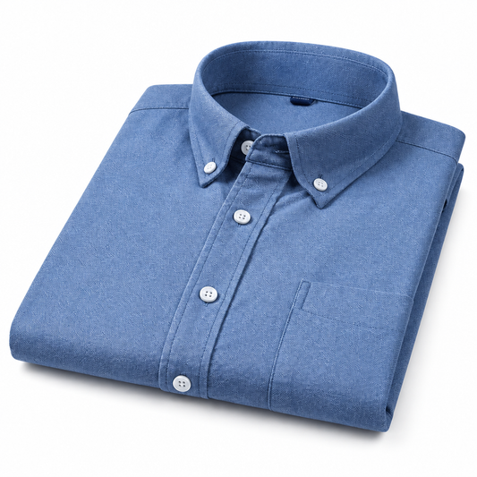 Men's blue cotton oxford long-sleeve shirt clean product photo