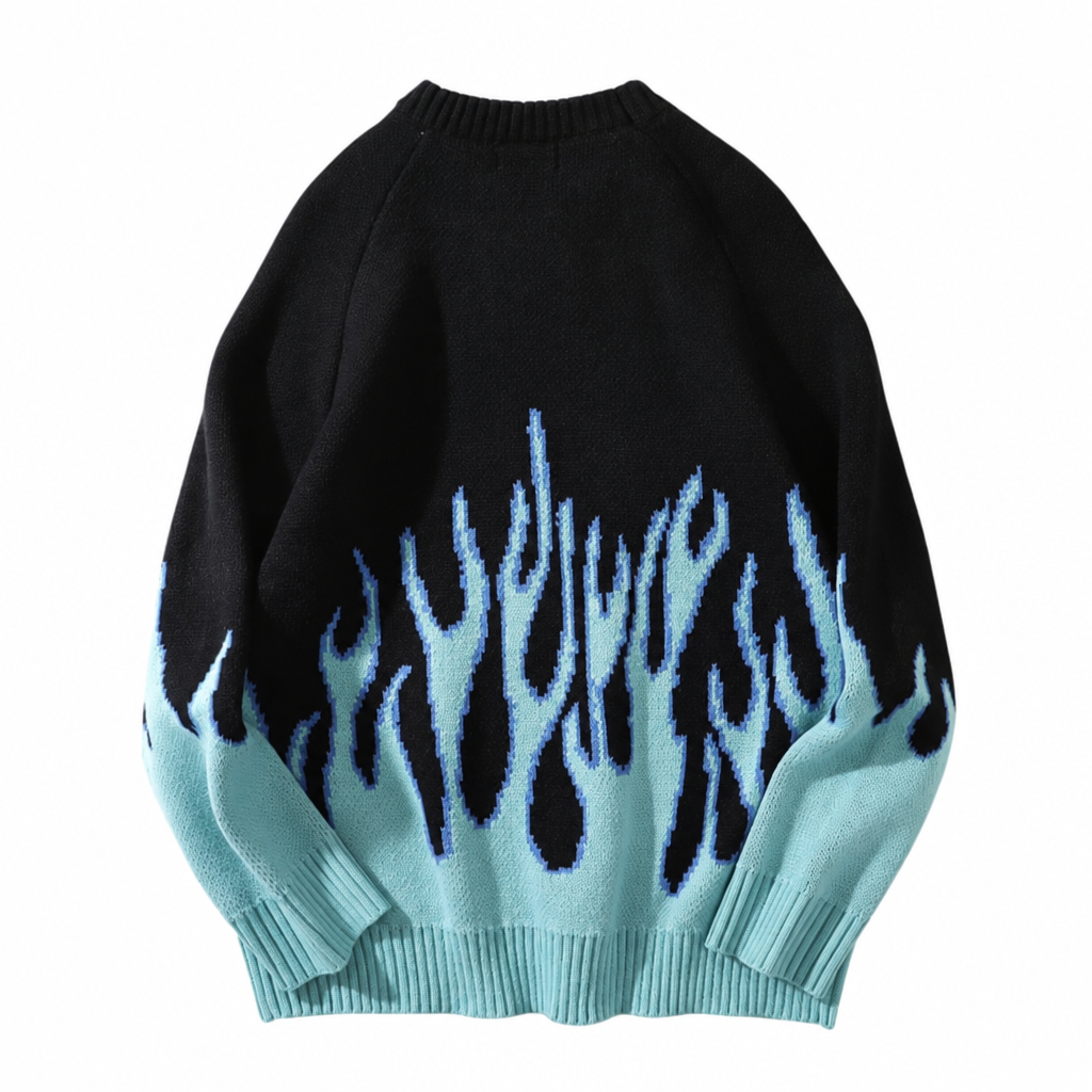 Men's blue flame knit pullover streetwear sweater